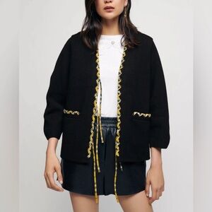 Maje Black and Yellow Cardigan Sweater with Braided Trim